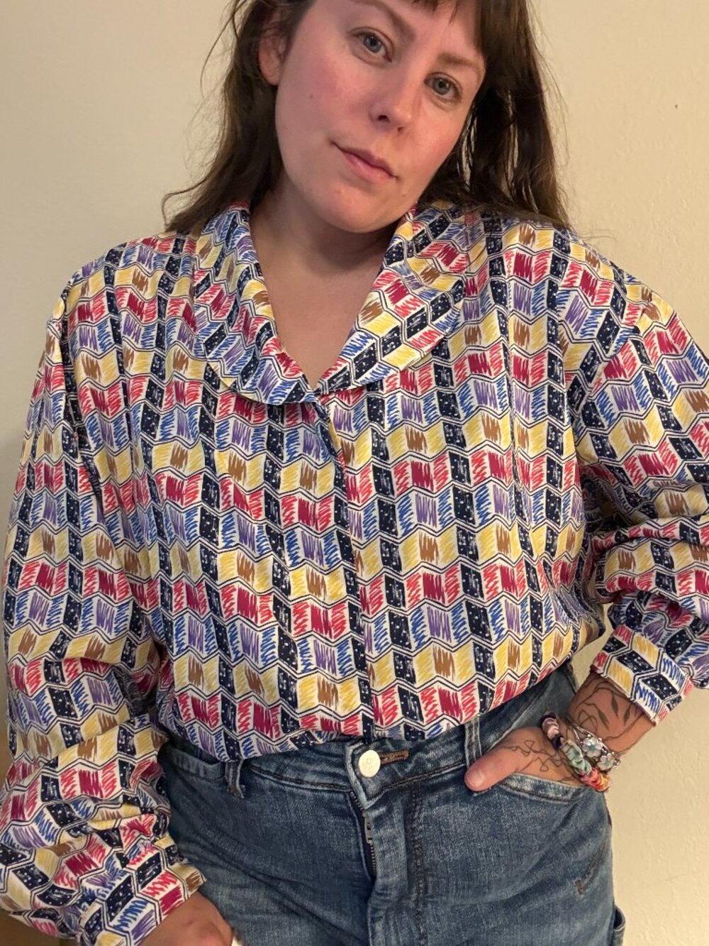 PRICE FIRM Vintage Y2K Classique Works Bright Printed Secretary Blouse XL